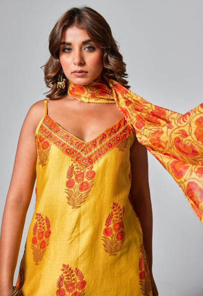 Yellow Chanderi Hand Block Printed Suit Set With Dupatta - Tara - C - Tara