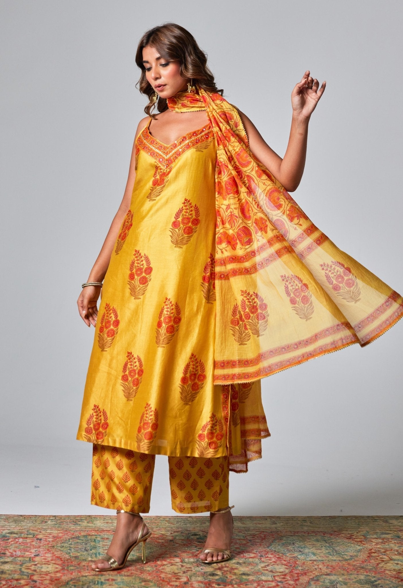 Yellow Chanderi Hand Block Printed Suit Set With Dupatta - Tara - C - Tara
