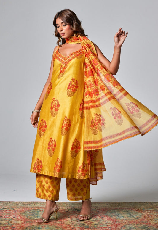 Yellow Chanderi Hand Block Printed Suit Set With Dupatta - Tara - C - Tara