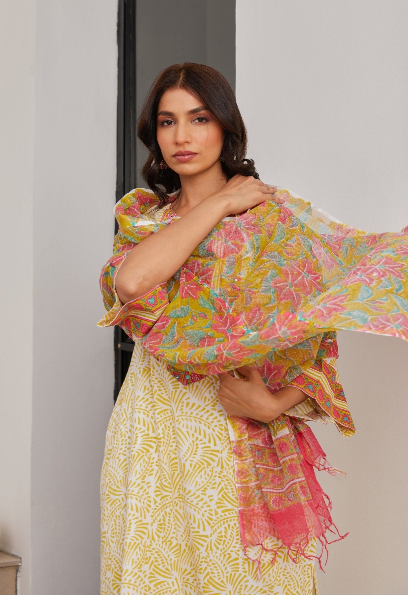 Yellow Cotton hand block Printed Kurta Set With Dupatta - Tara - C - Tara