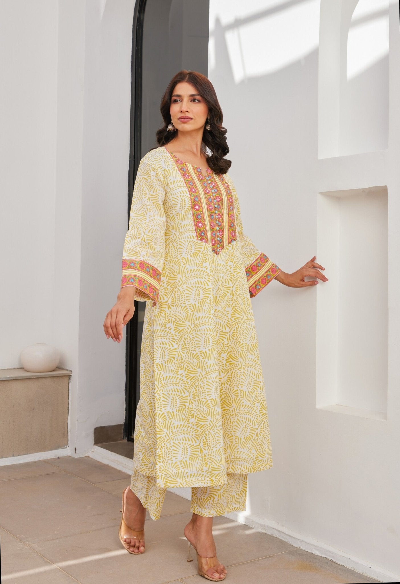 Yellow Cotton hand block Printed Kurta Set With Dupatta - Tara - C - Tara