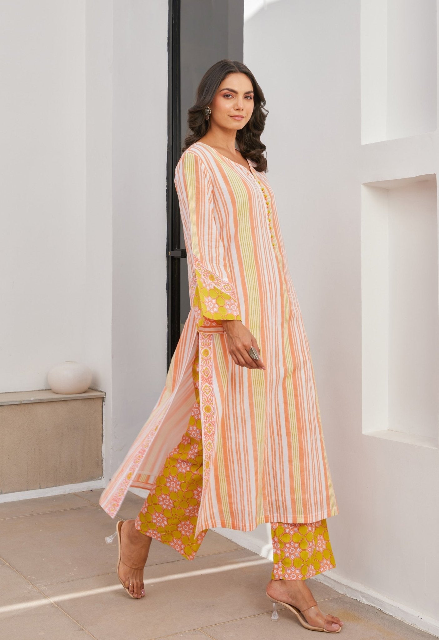 Yellow Stripper Hand Block Printed Cotton Kurta Set With Dupatta - Tara - C - Tara