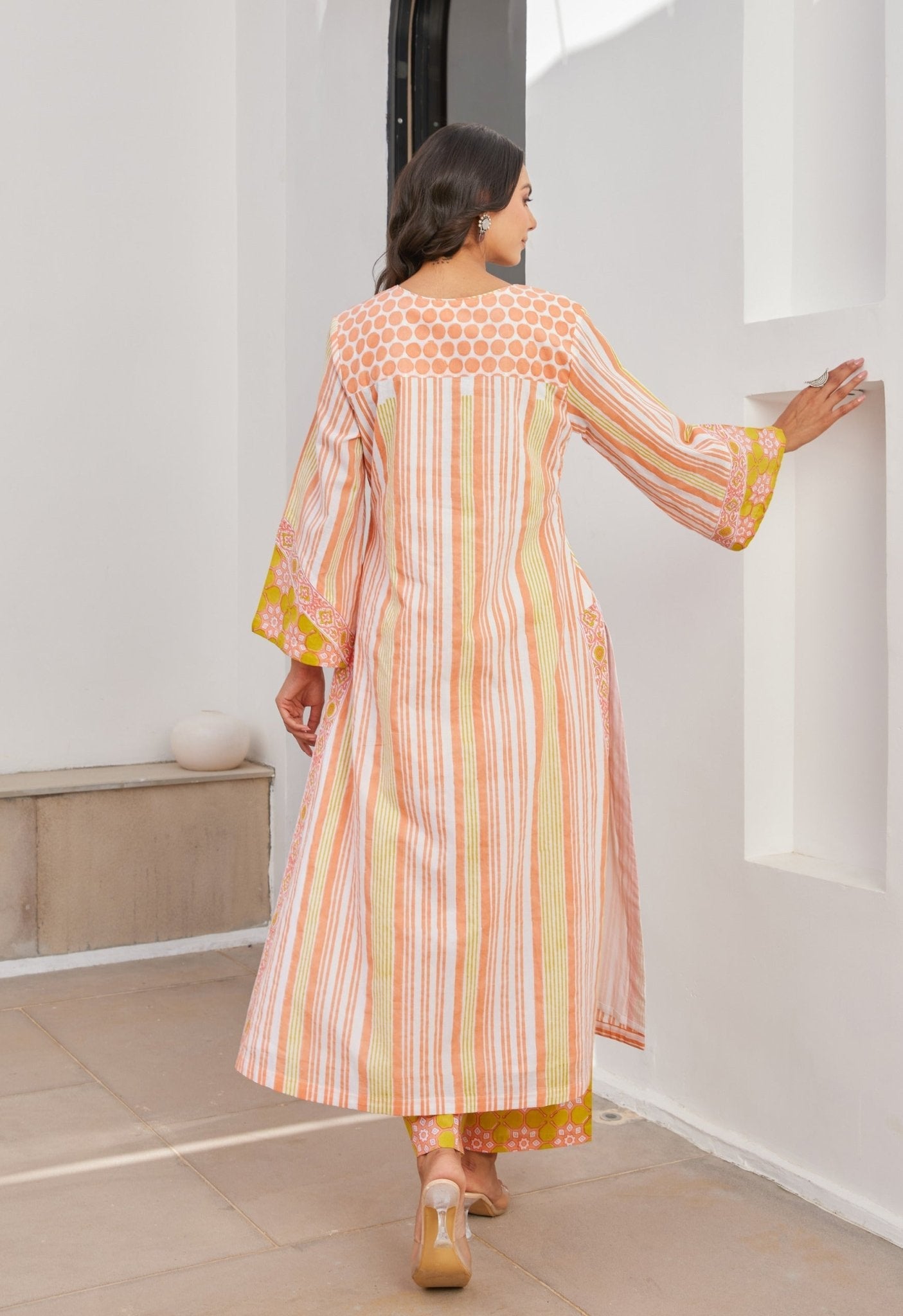 Yellow Stripper Hand Block Printed Cotton Kurta Set With Dupatta - Tara - C - Tara