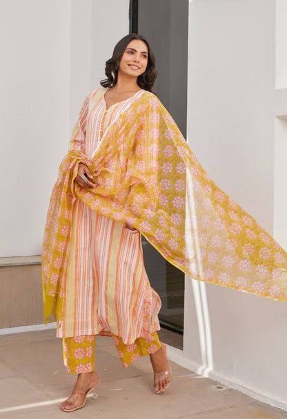 Yellow Stripper Hand Block Printed Cotton Kurta Set With Dupatta - Tara - C - Tara