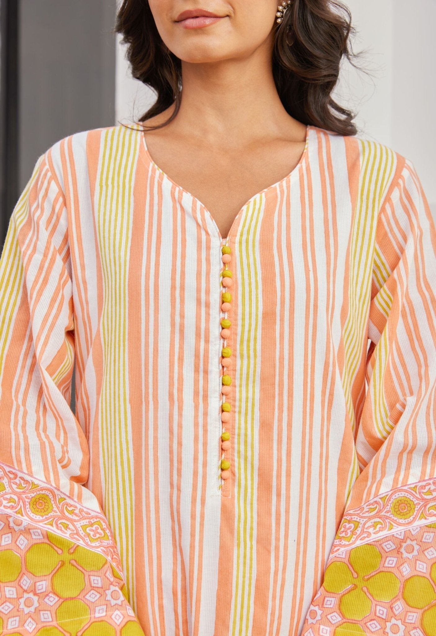 Yellow Stripper Hand Block Printed Cotton Kurta Set With Dupatta - Tara - C - Tara