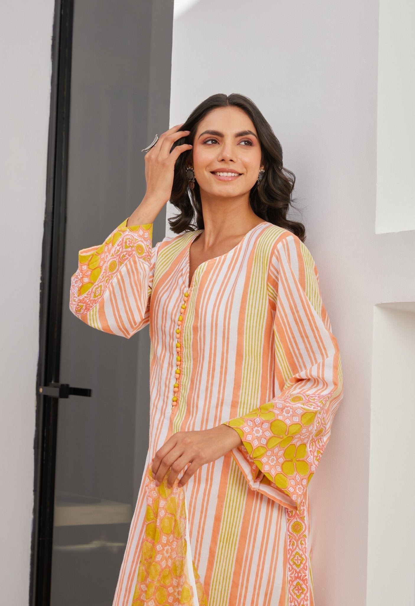 Yellow Stripper Hand Block Printed Cotton Kurta Set With Dupatta - Tara - C - Tara