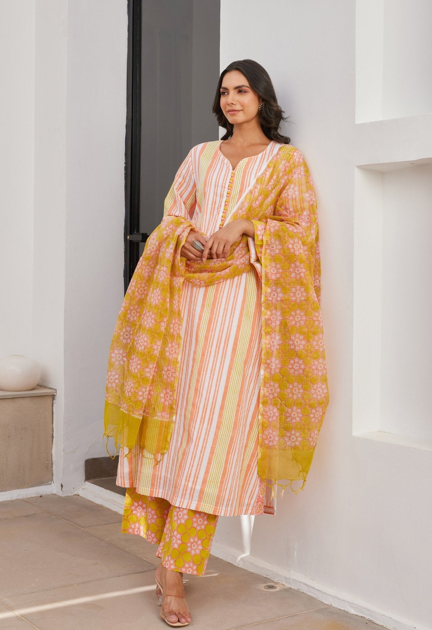 Yellow Stripper Hand Block Printed Cotton Kurta Set With Dupatta - Tara - C - Tara